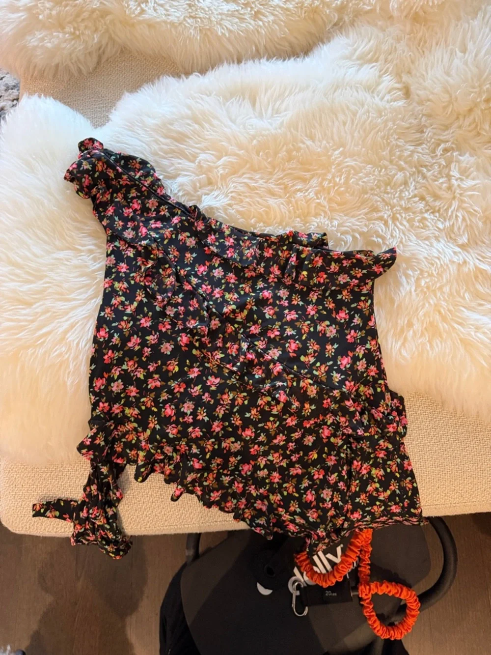 AFRM Black One-Shoulder Pink Floral Ruffle Cami - Picture 1 of 4